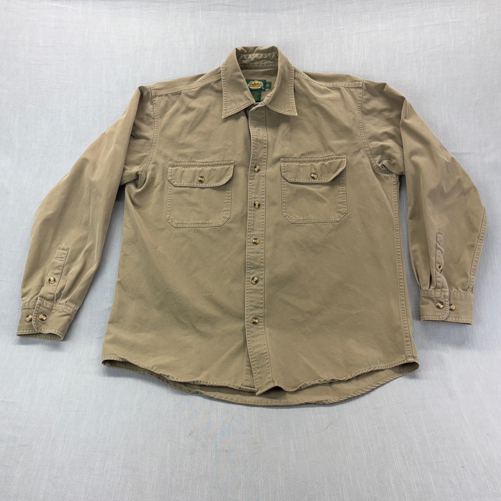 Cabela's Button Down Shirt Mens Large Reg Tan Cotton Canvas Workwear Long Sleeve